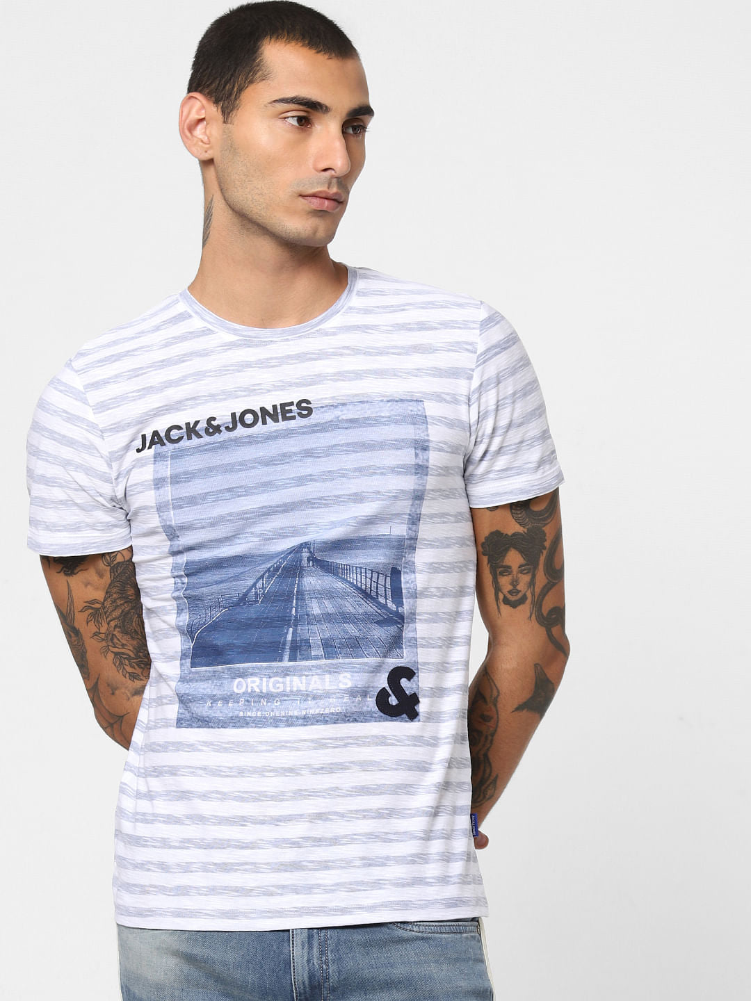 White Striped Crew Neck T-shirt