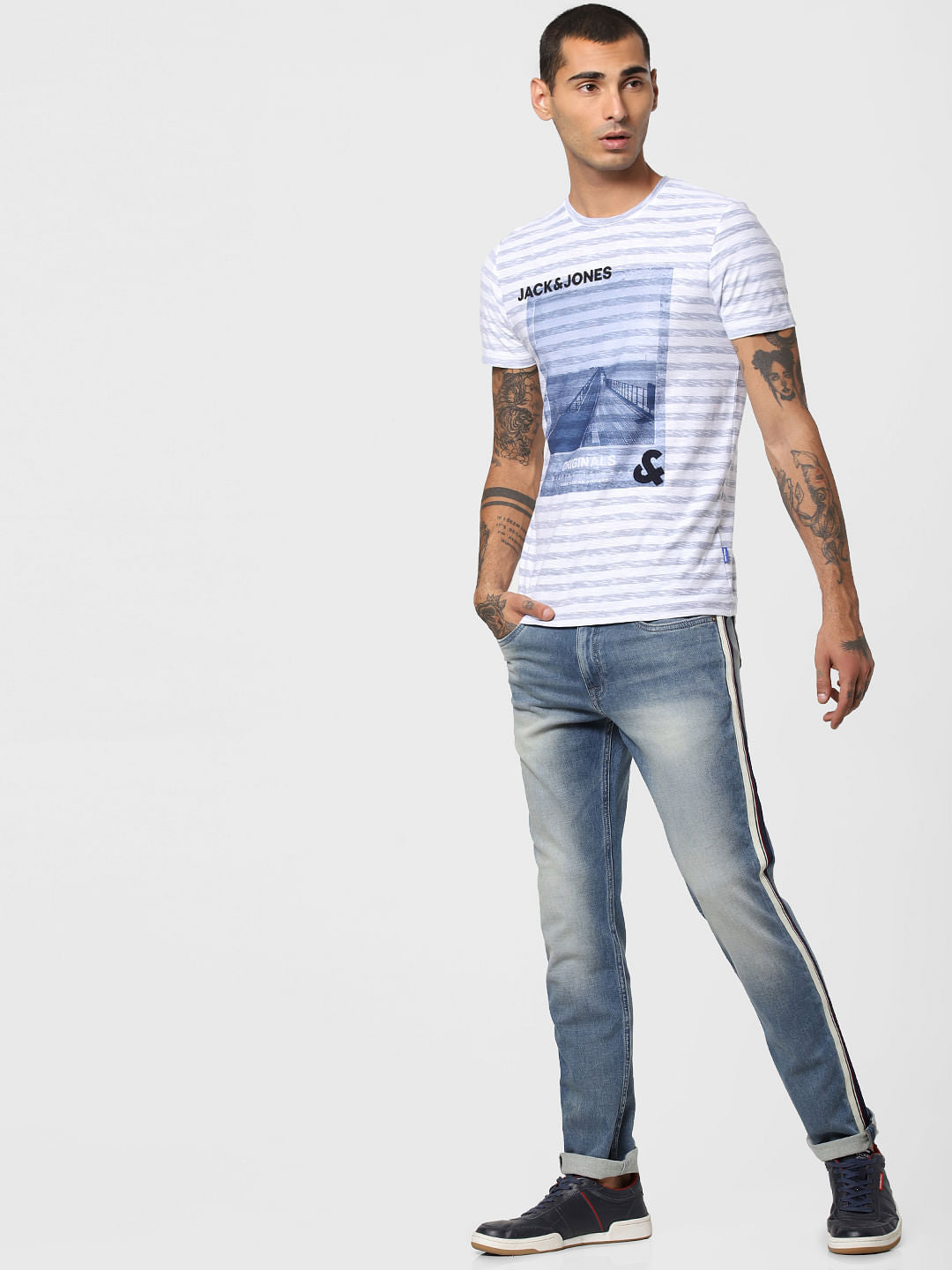 White Striped Crew Neck T-shirt