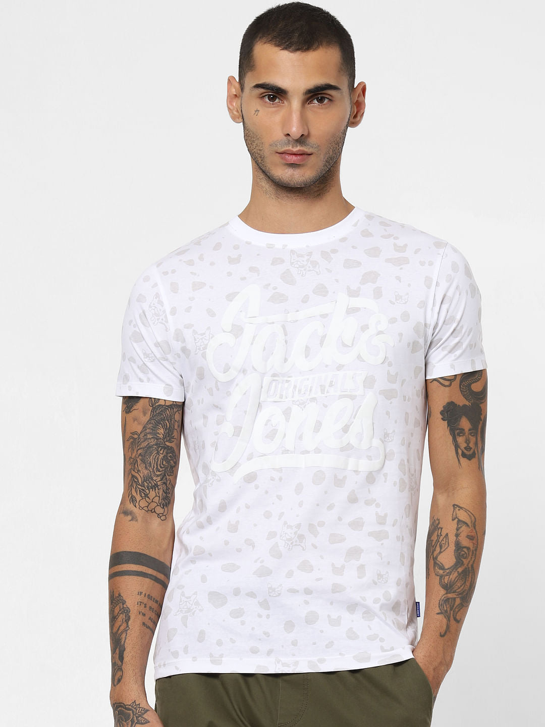 White All Over Print Crew Neck T-shirt