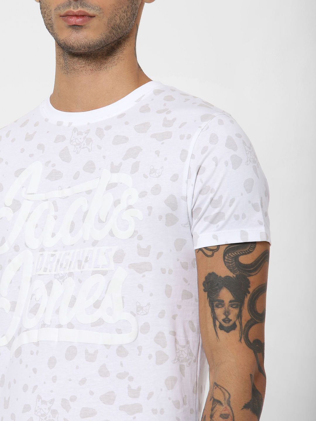 White All Over Print Crew Neck T-shirt