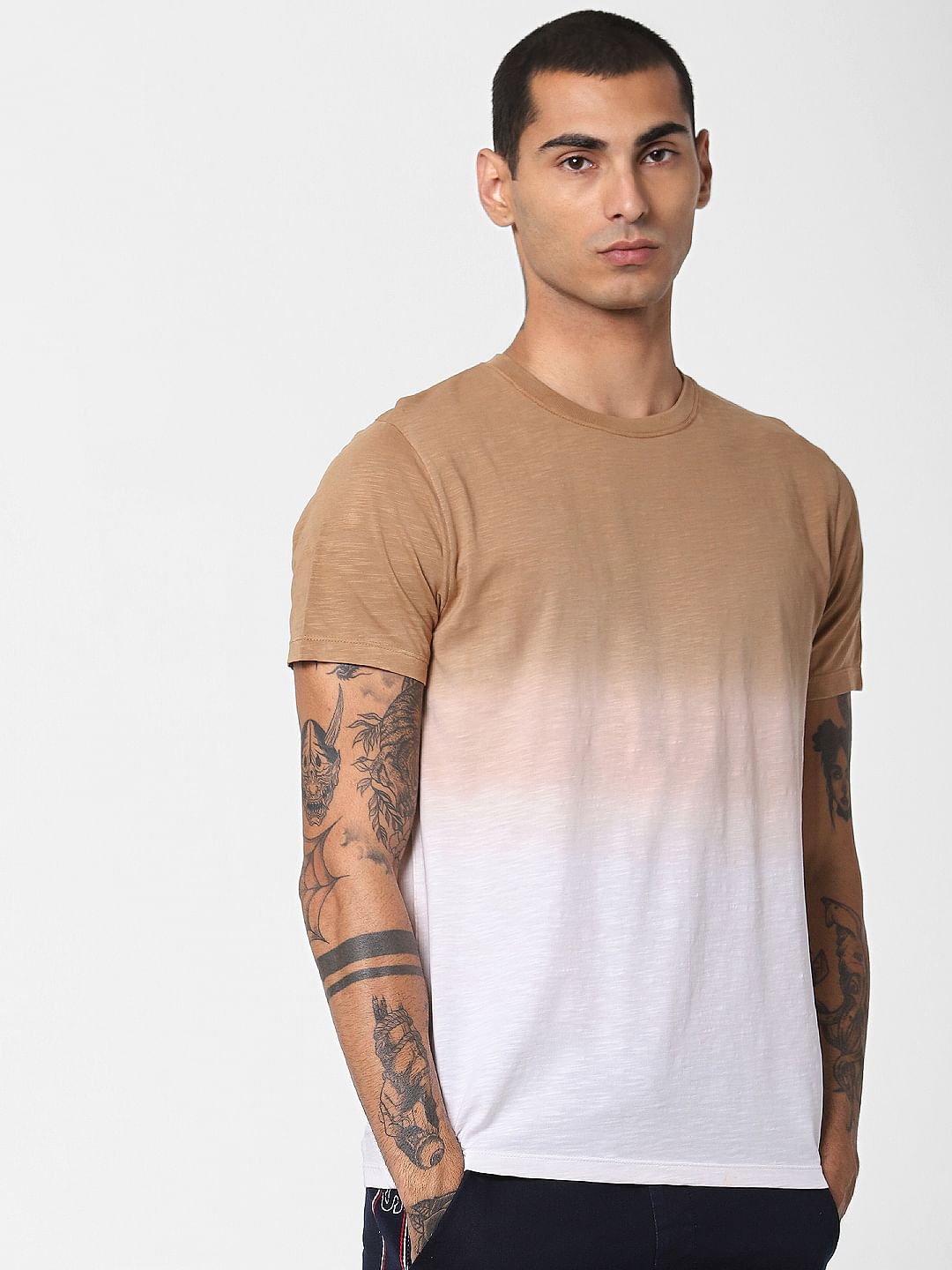 Brown Ombre Wash Crew Neck T-shirt