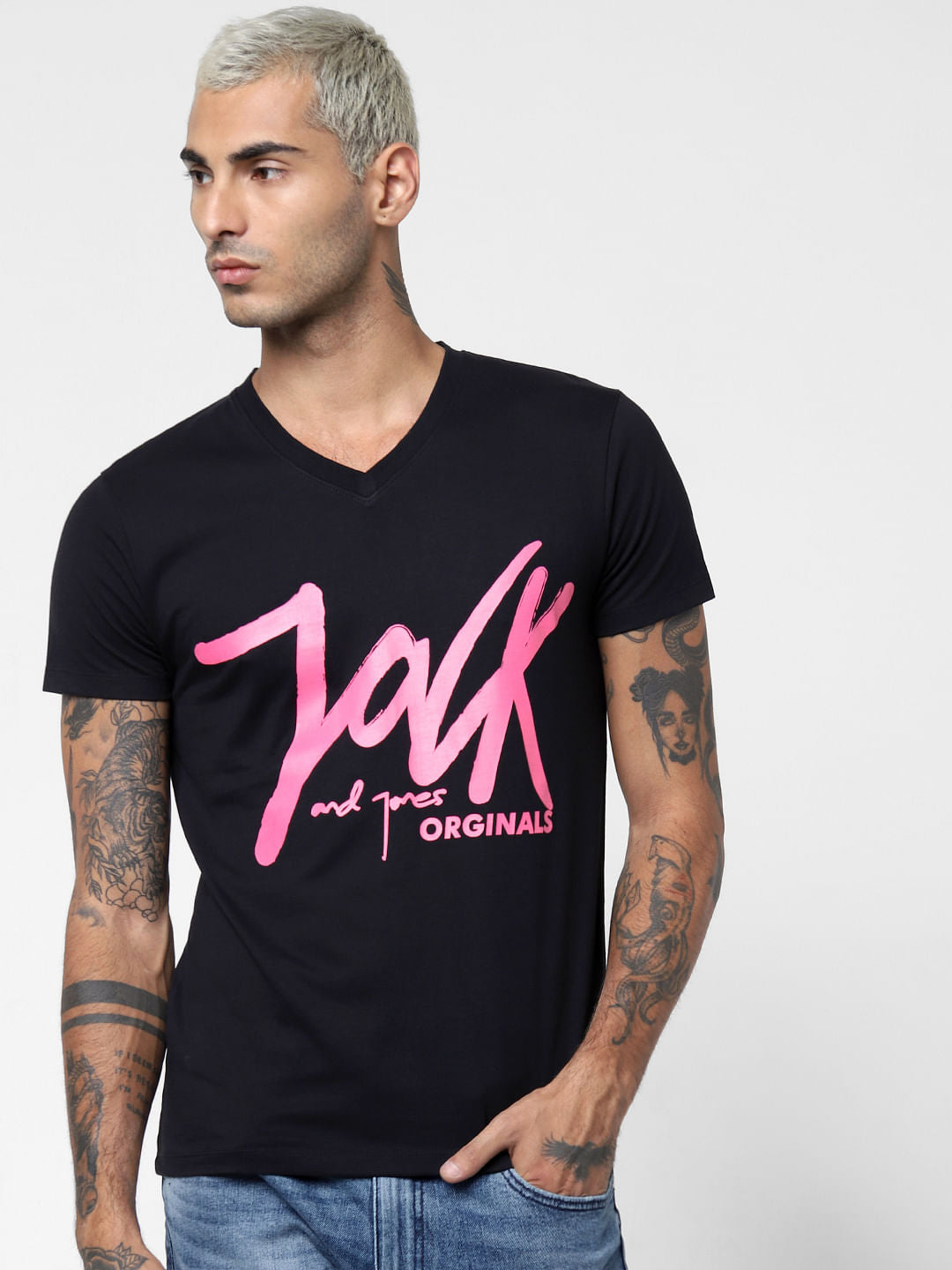 Black Graphic Print V Neck T-shirt