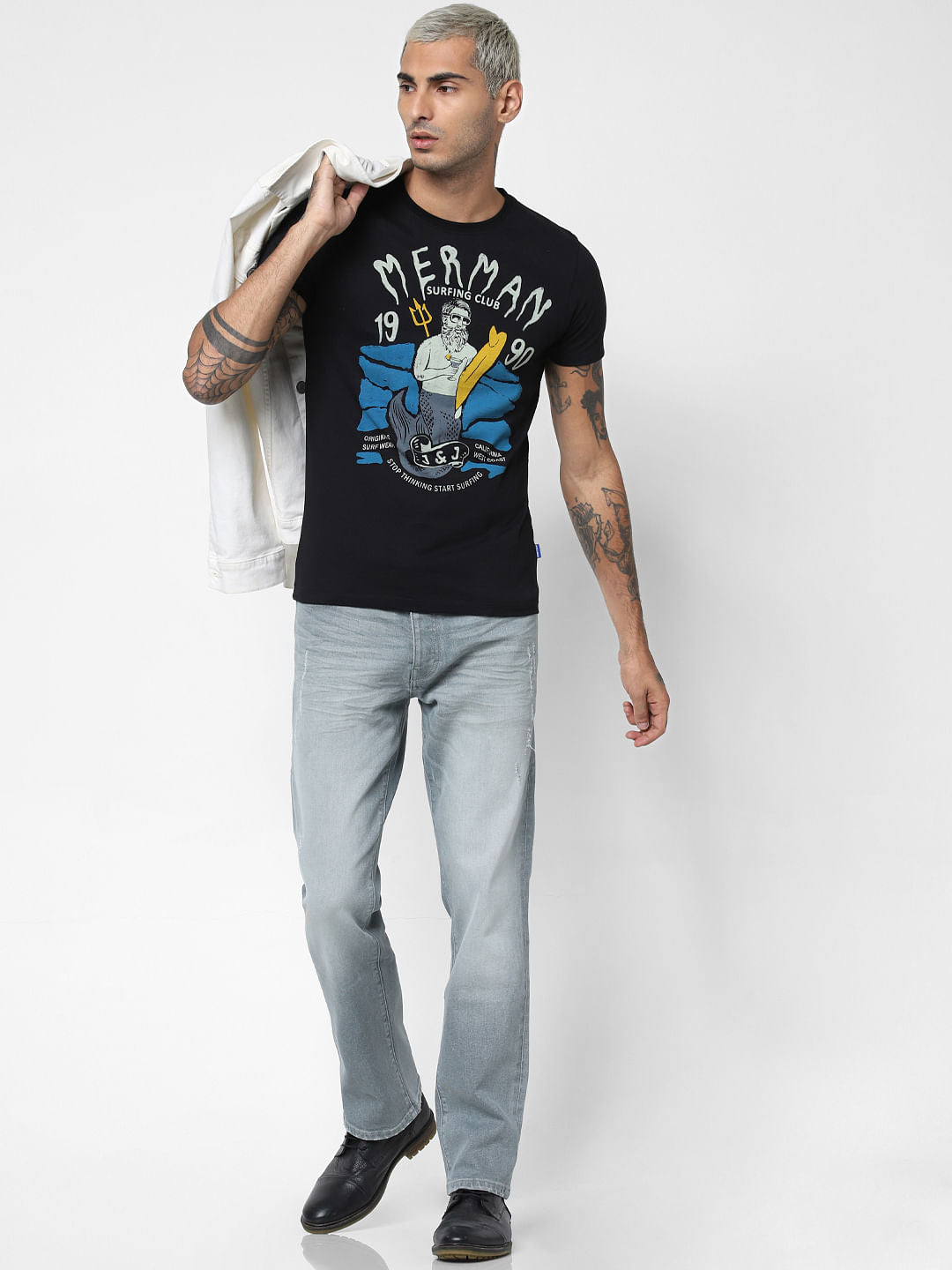 Black Merman Print Crew Neck T-shirt - S