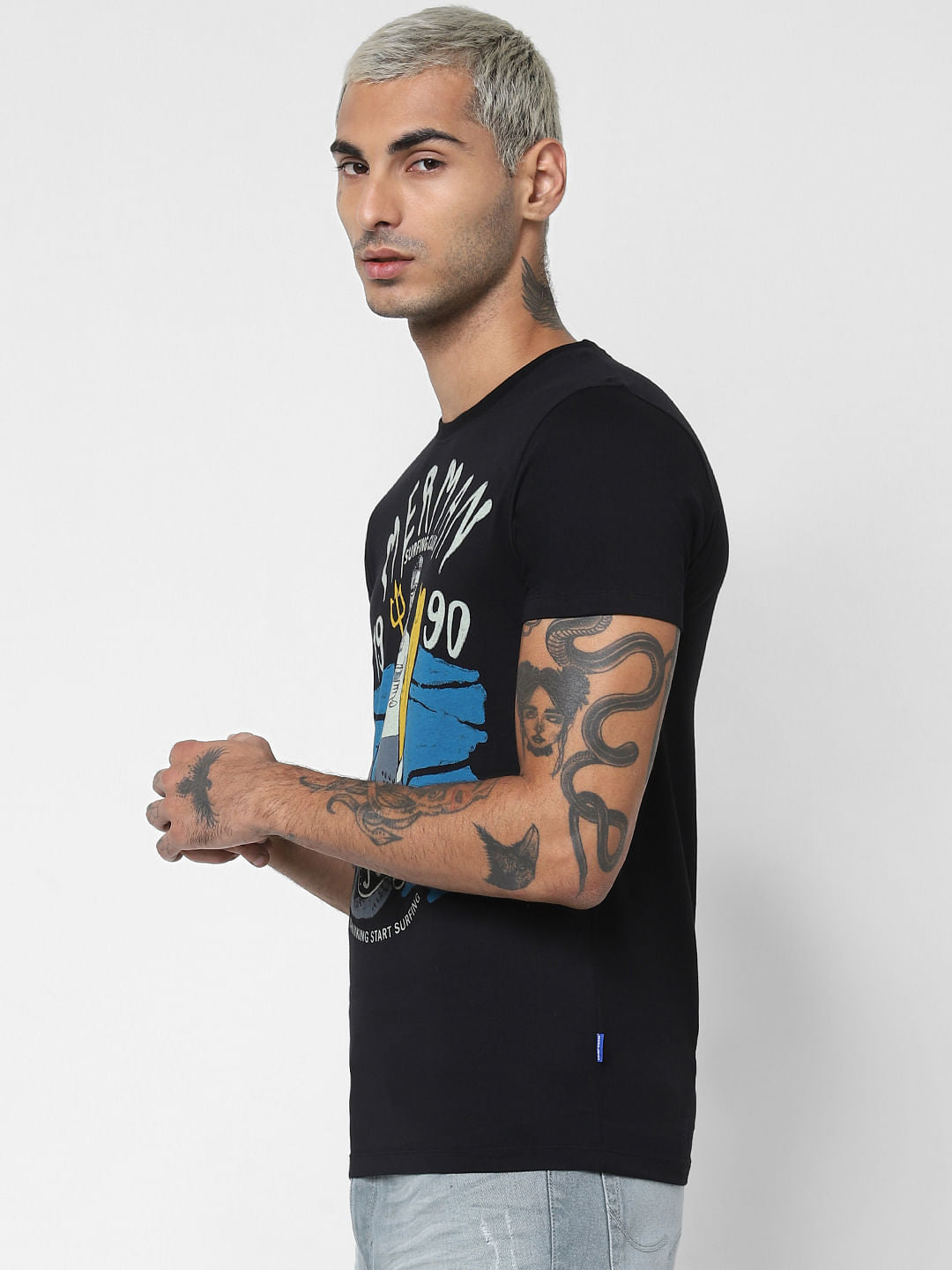 Black Merman Print Crew Neck T-shirt