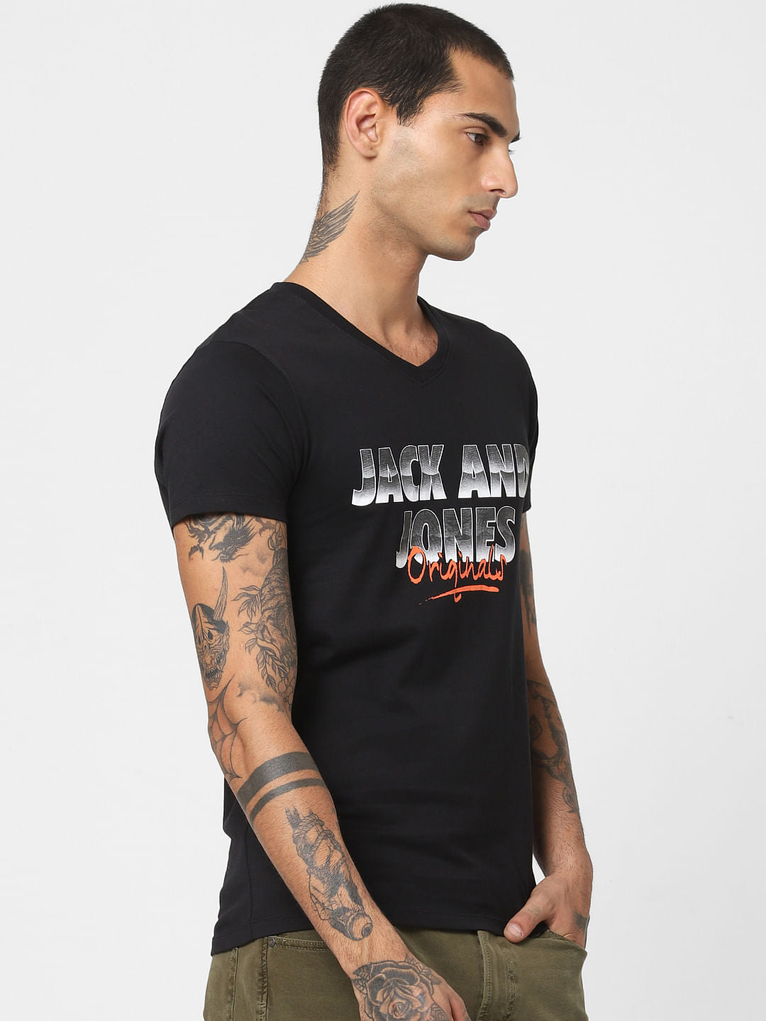 Black Logo Print V Neck T-shirt
