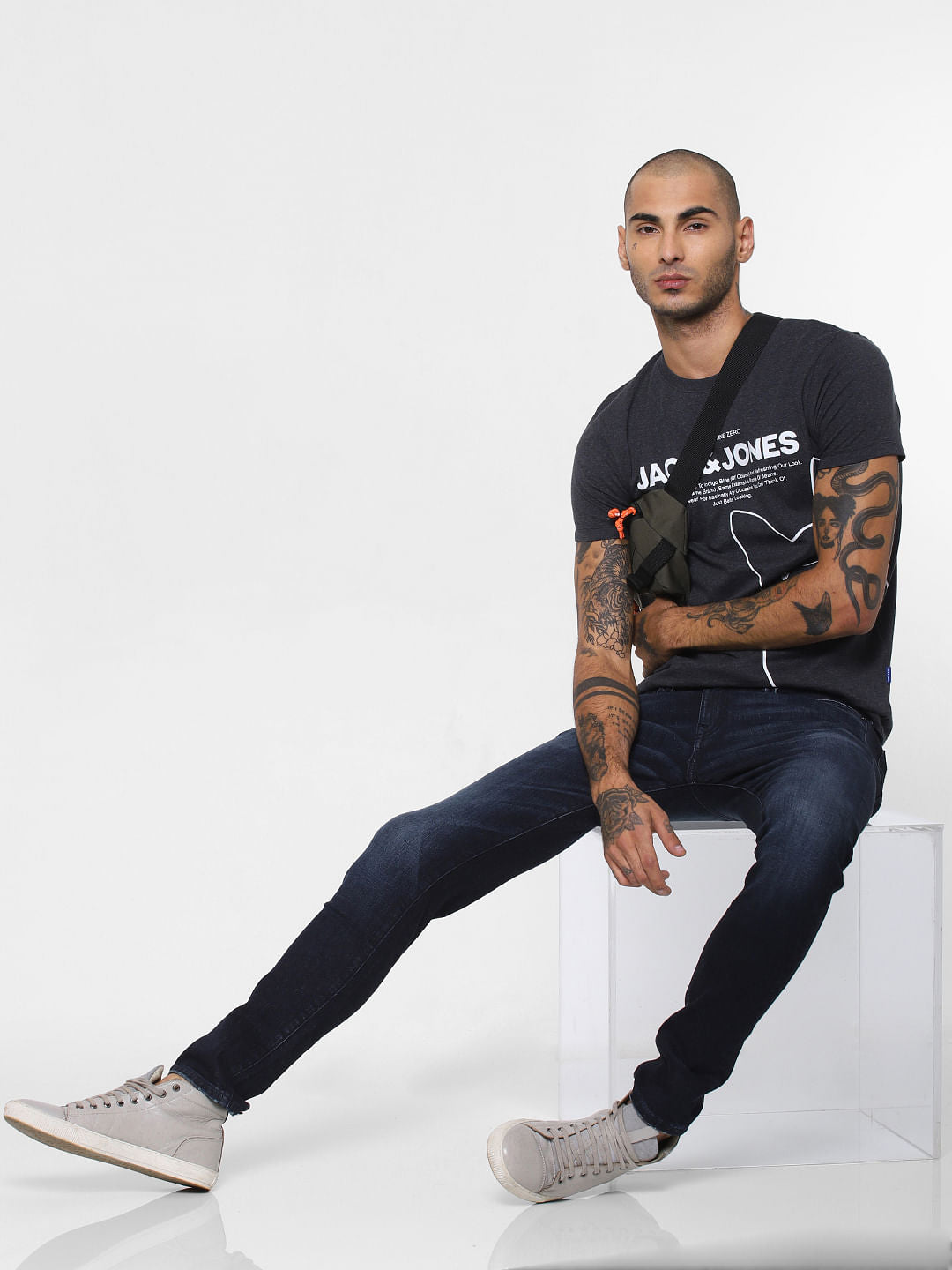 Dark Grey Logo Print Crew Neck T-shirt - S