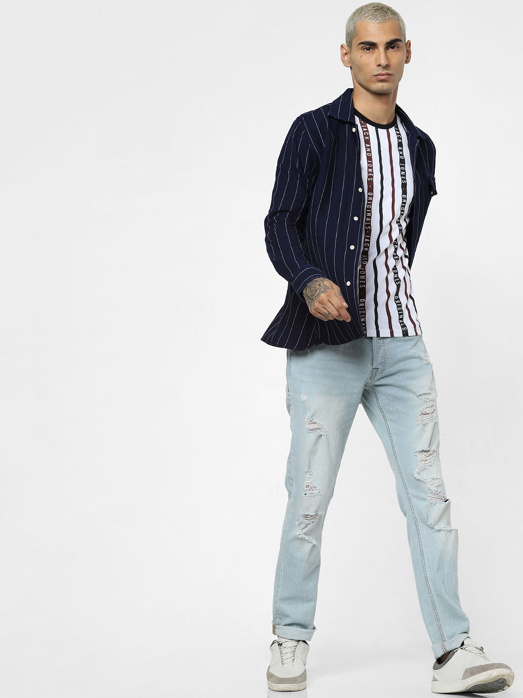 White Striped Crew Neck T-shirt - S