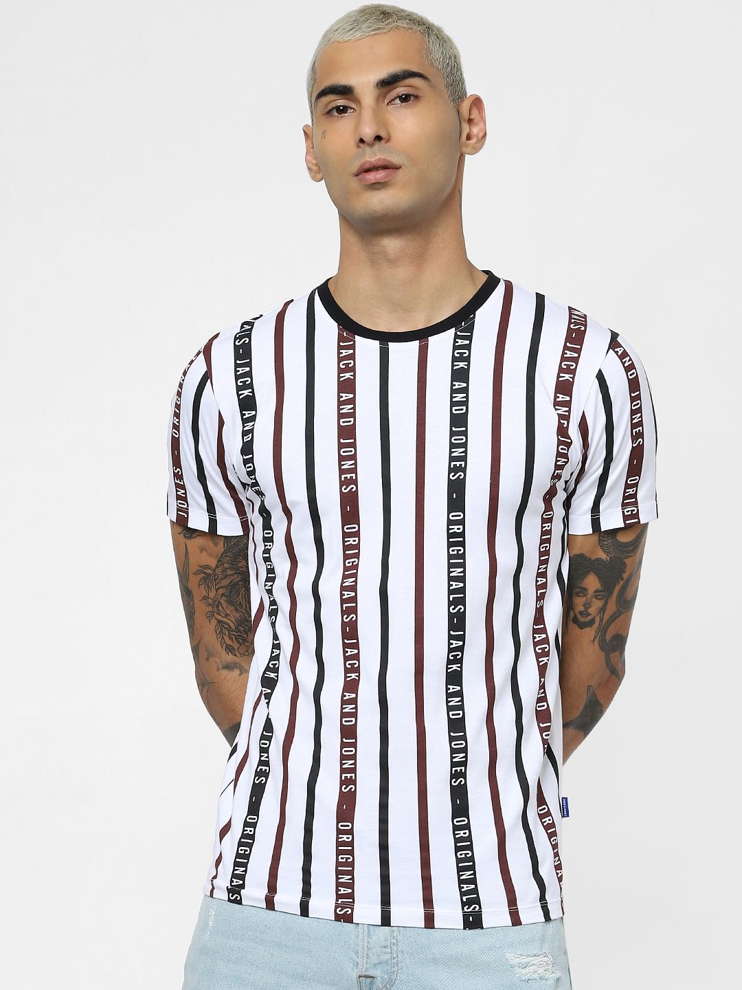White Striped Crew Neck T-shirt
