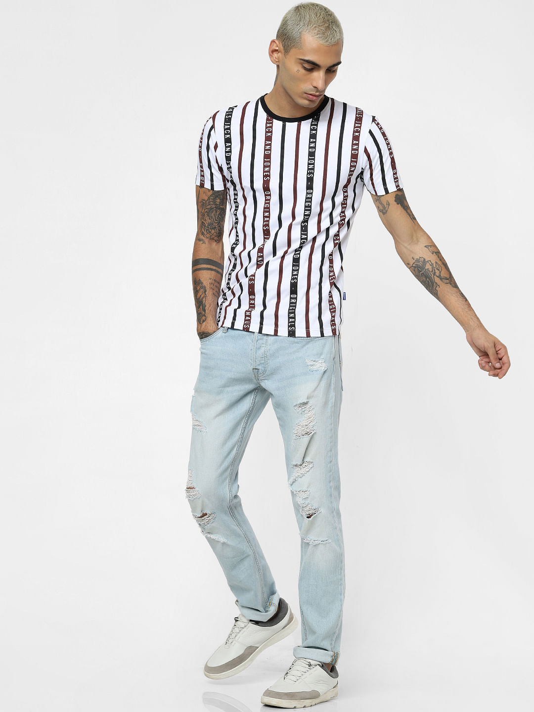 White Striped Crew Neck T-shirt