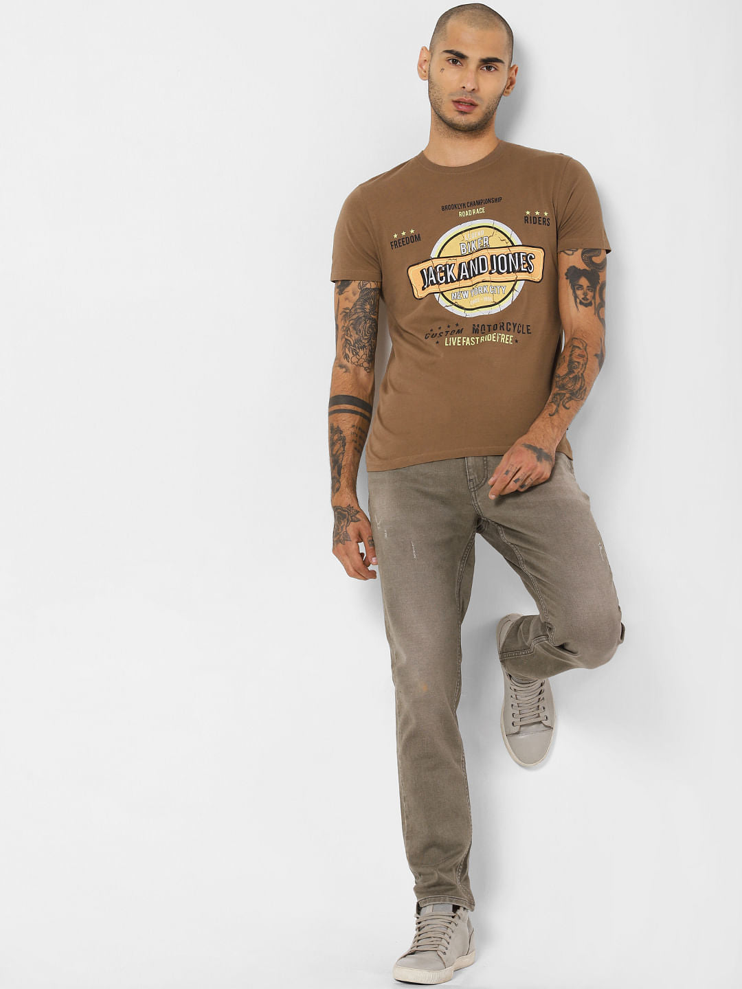 Brown Logo Print Crew Neck T-shirt