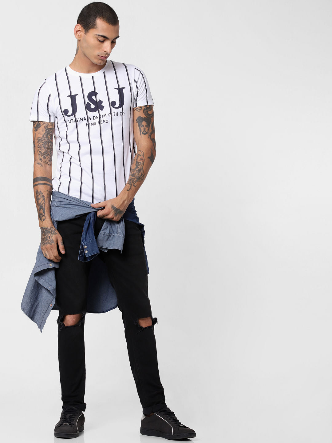 White Striped Crew Neck T-shirt