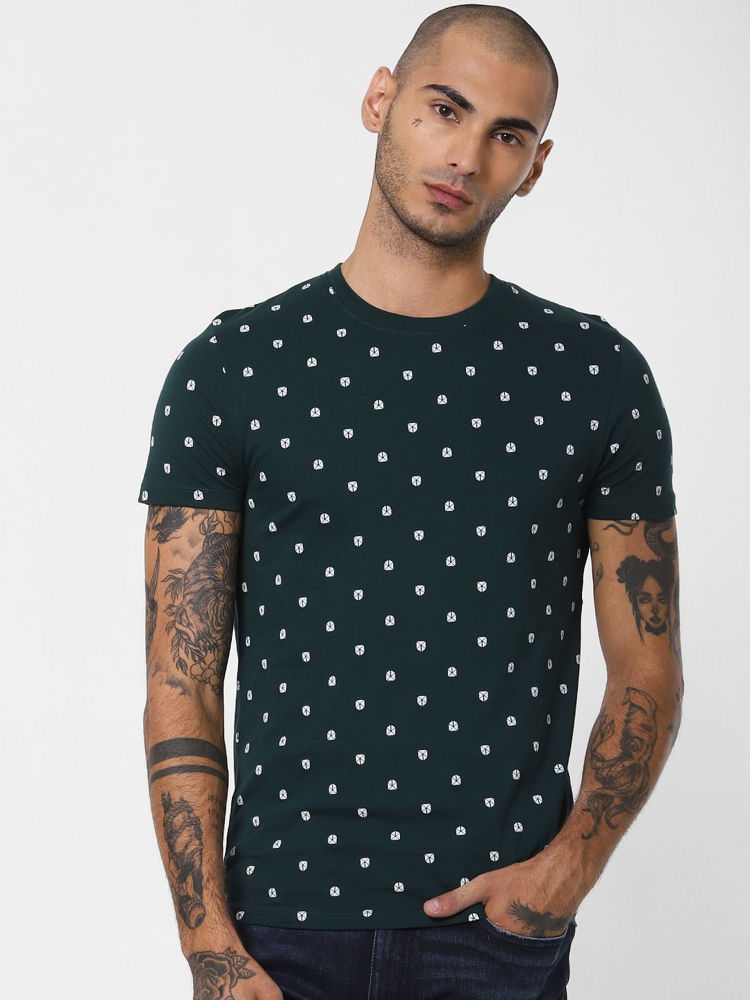 Green All Over Print Crew Neck T-shirt