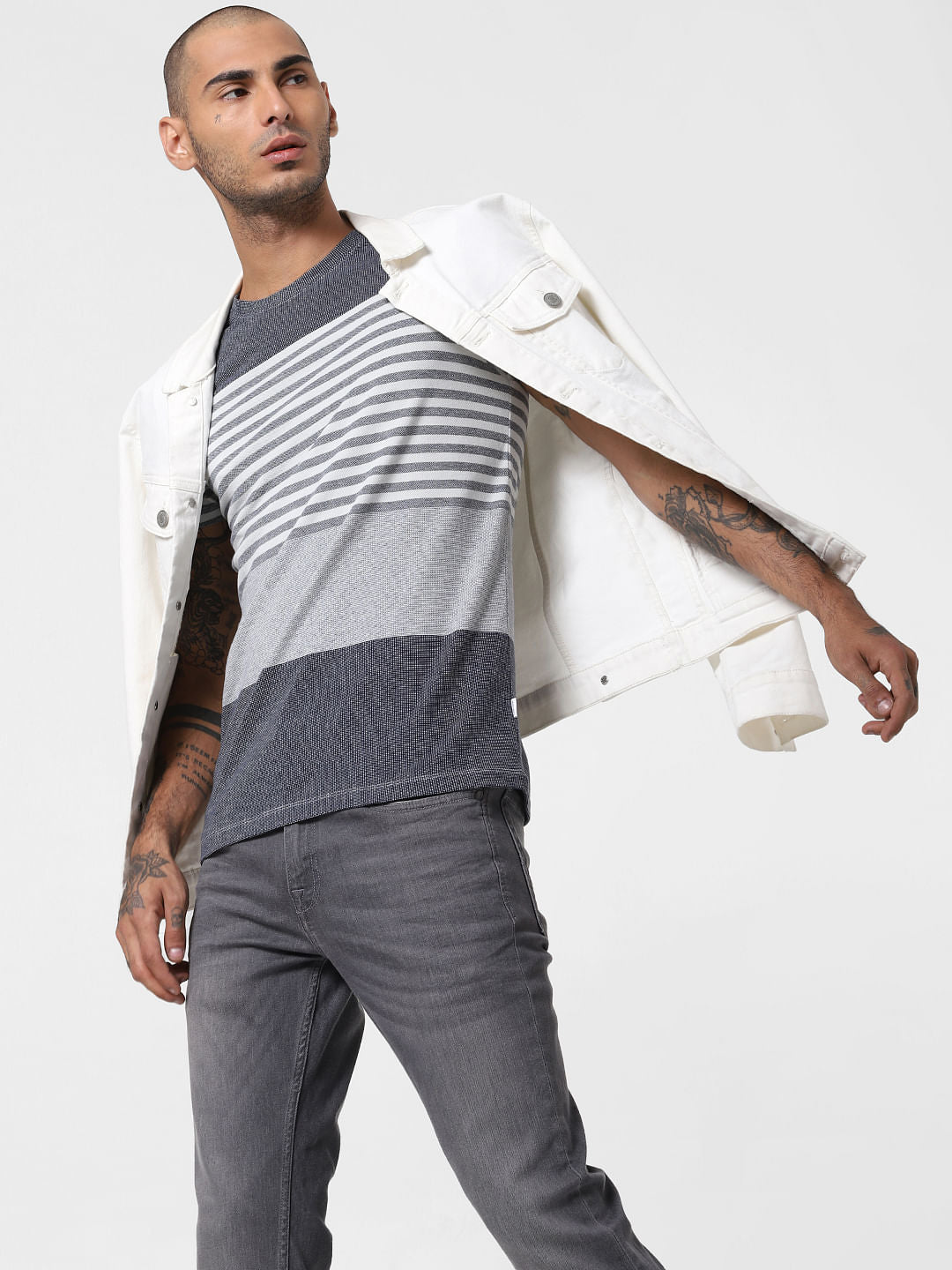 Navy Blue Striped Crew Neck T-shirt - S