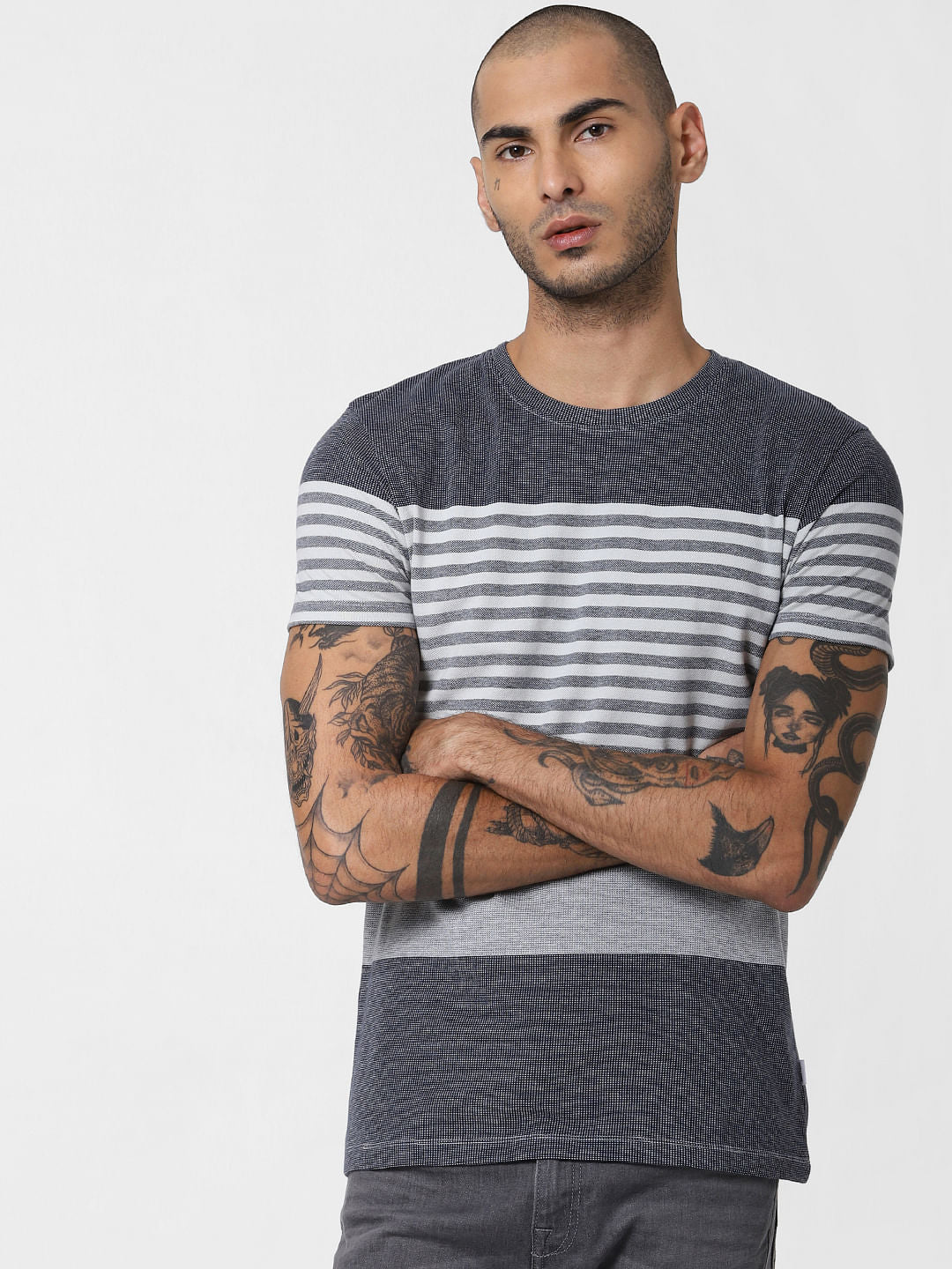 Navy Blue Striped Crew Neck T-shirt