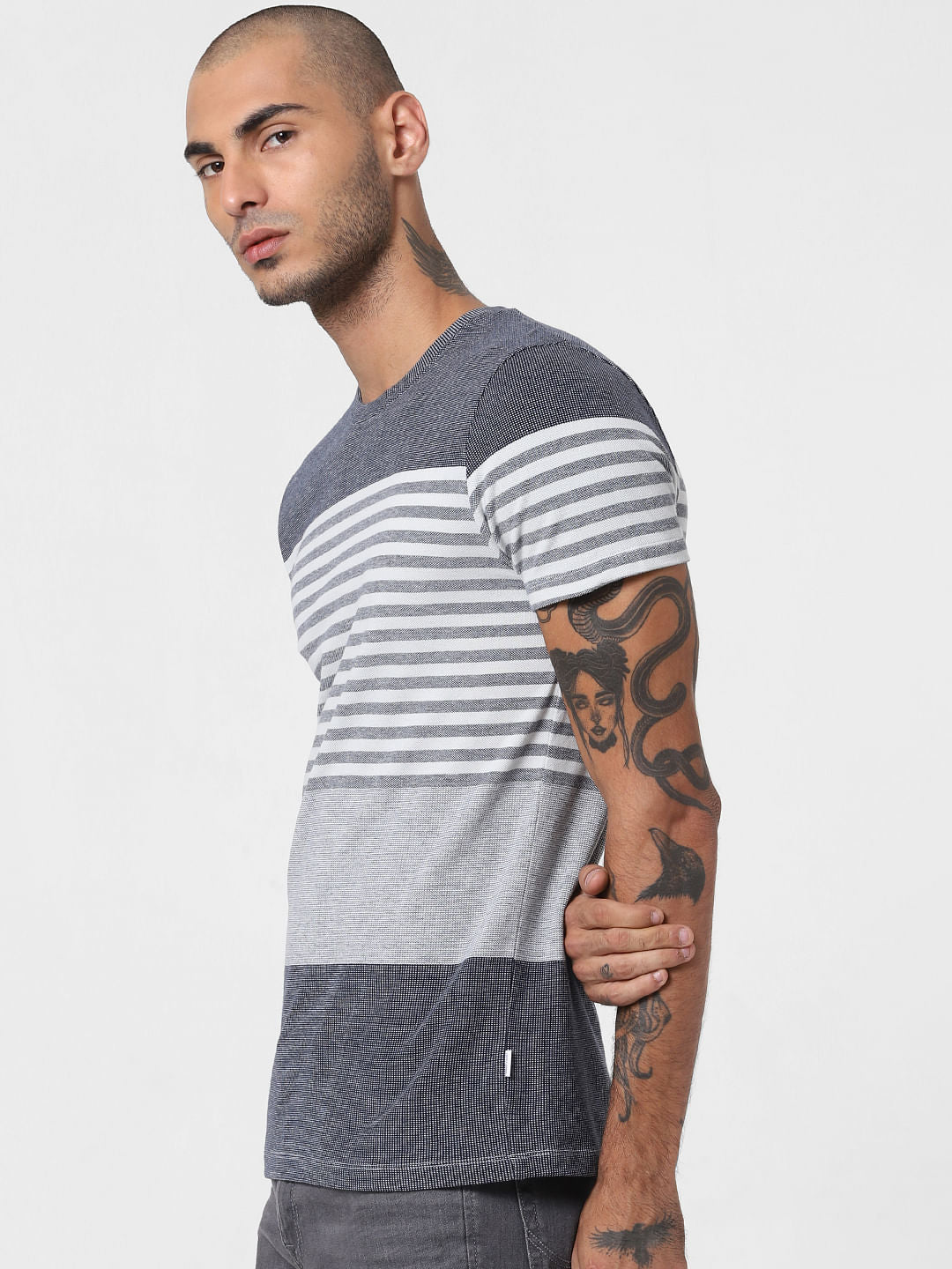 Navy Blue Striped Crew Neck T-shirt