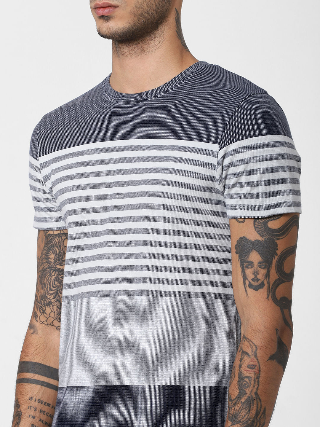 Navy Blue Striped Crew Neck T-shirt