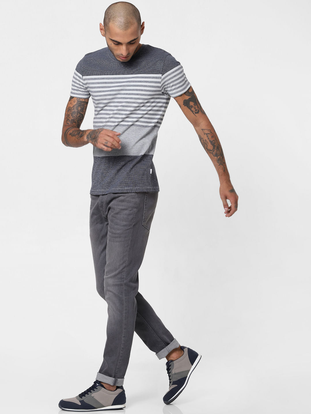 Navy Blue Striped Crew Neck T-shirt
