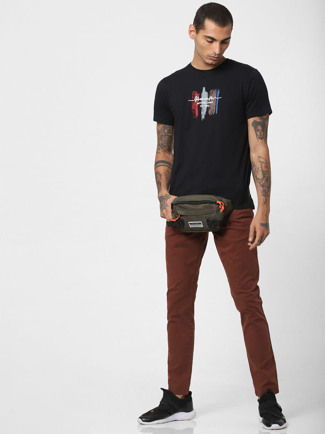 Black Logo Print Crew Neck T-shirt - S