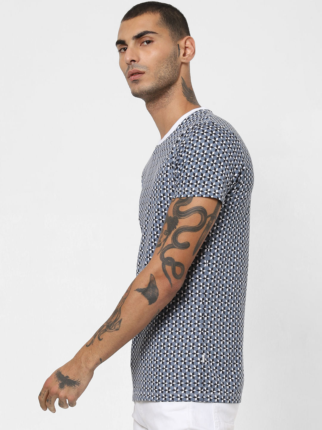 White Geometric Print Crew Neck T-shirt