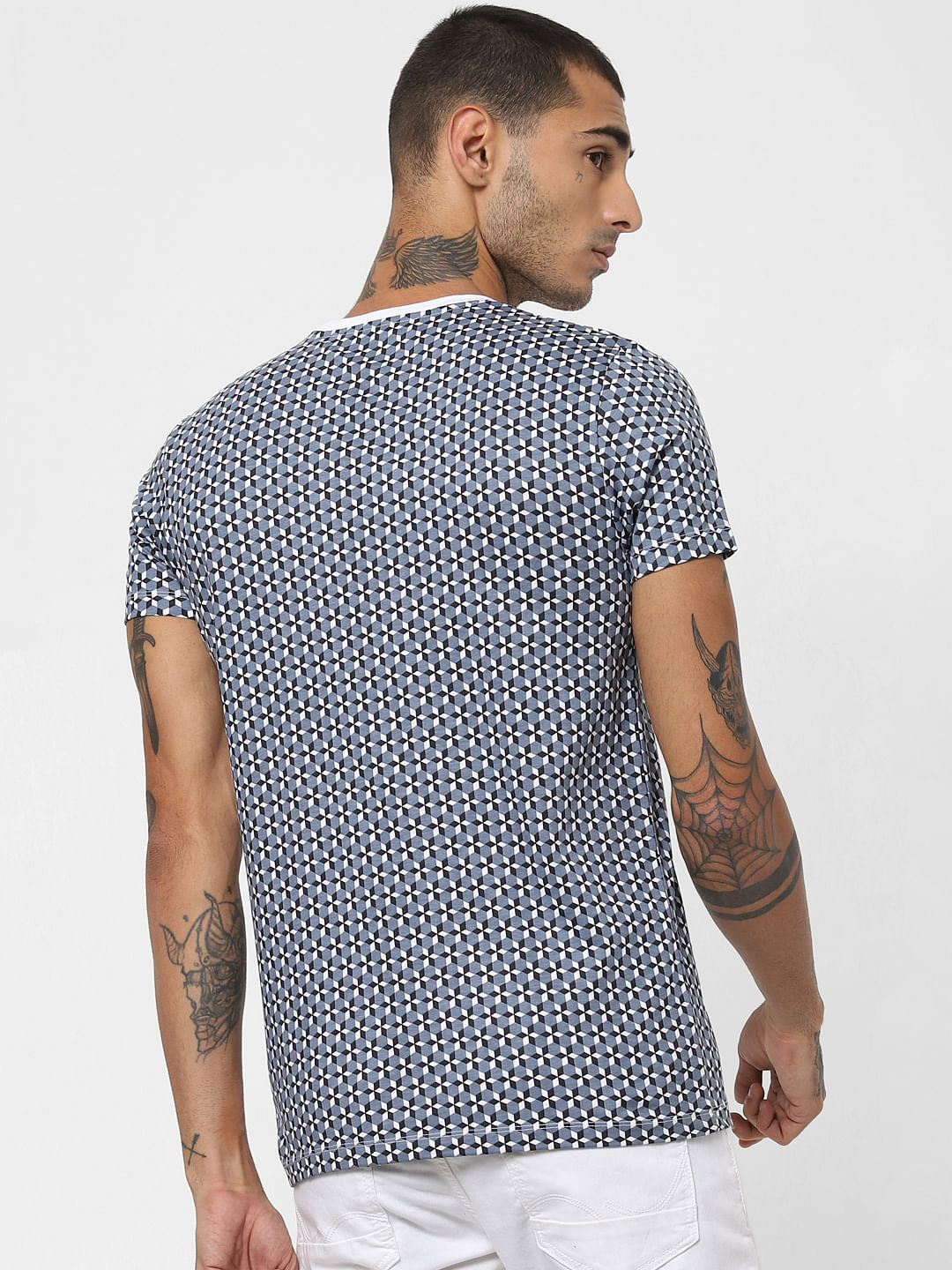 White Geometric Print Crew Neck T-shirt