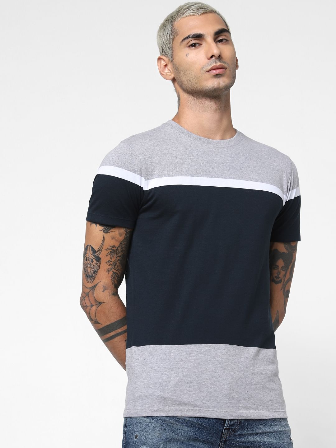 Navy Blue Colourblocked Crew Neck T-shirt