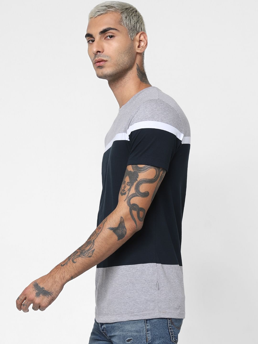 Navy Blue Colourblocked Crew Neck T-shirt