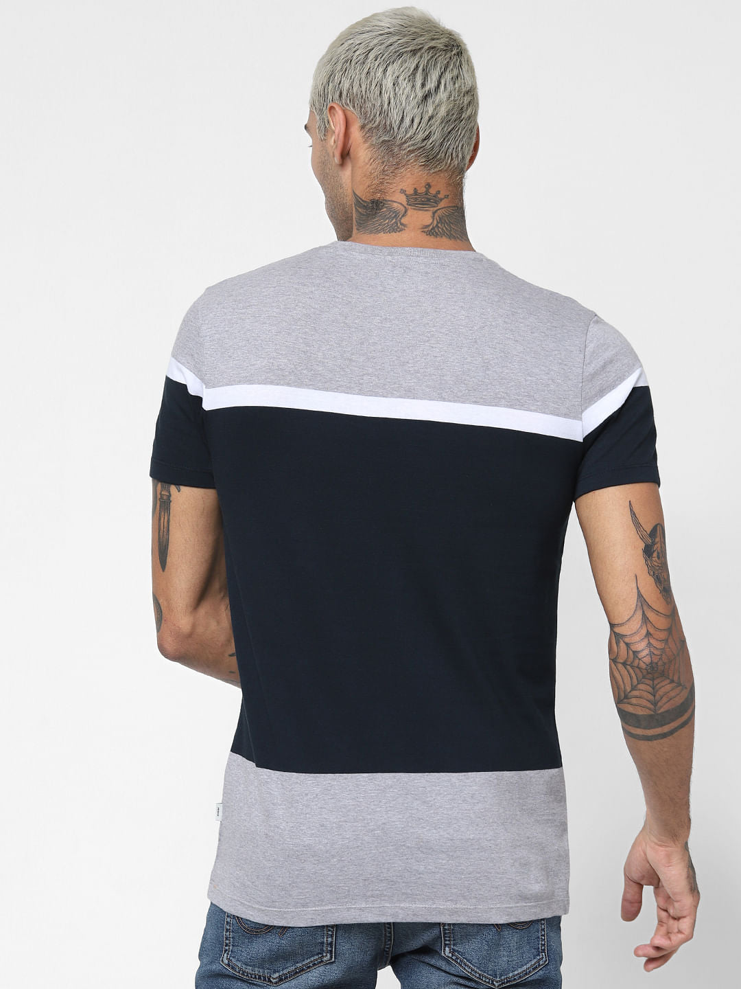 Navy Blue Colourblocked Crew Neck T-shirt