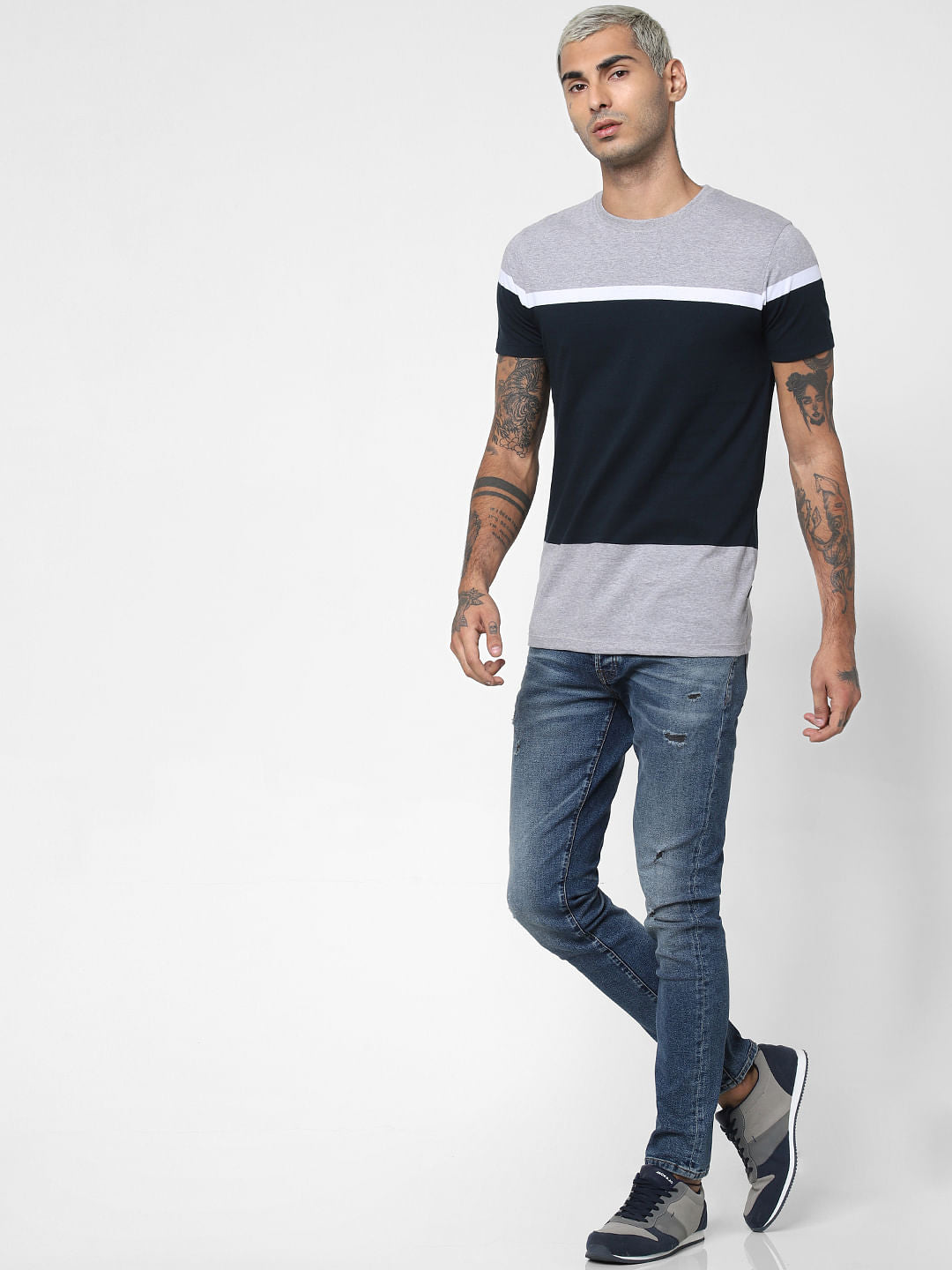 Navy Blue Colourblocked Crew Neck T-shirt