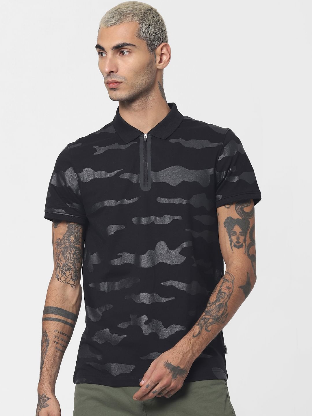 Black Camo Print Polo Neck T-shirt