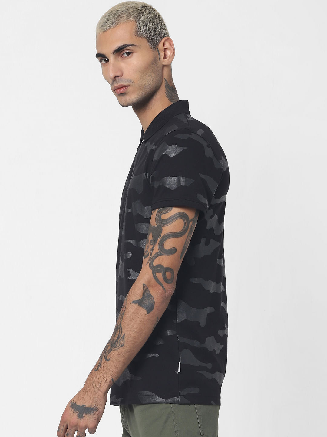 Black Camo Print Polo Neck T-shirt