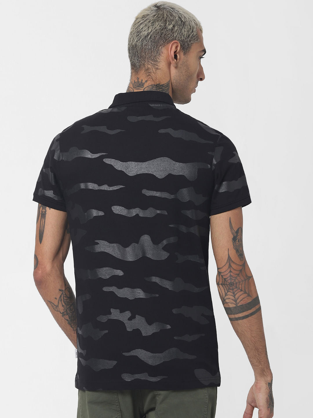Black Camo Print Polo Neck T-shirt