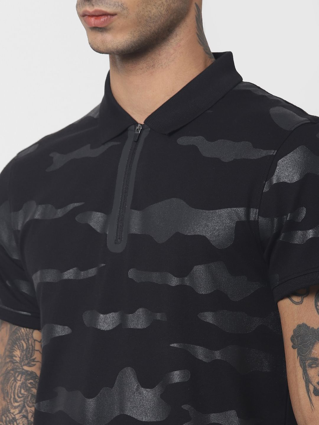 Black Camo Print Polo Neck T-shirt
