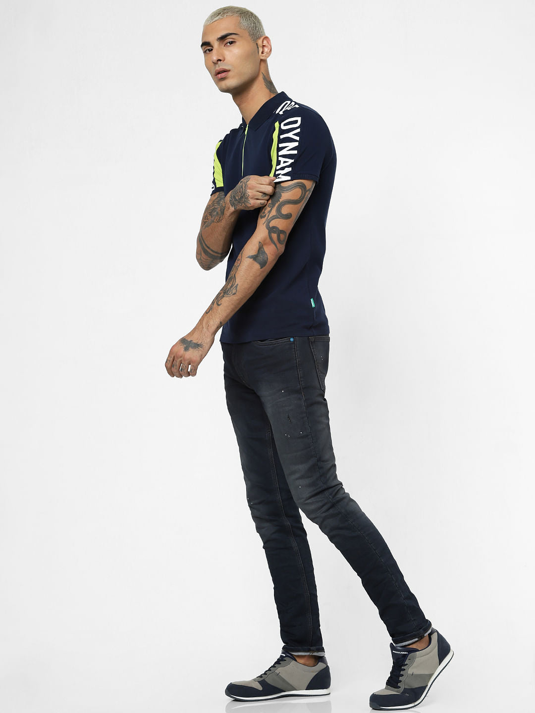 Blue Colourblocked Polo Neck T-shirt