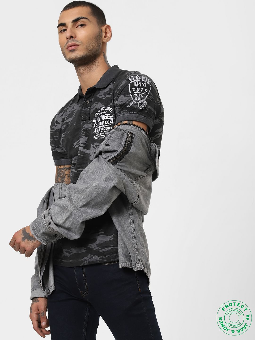 Black All Over Print Polo T-shirt - S