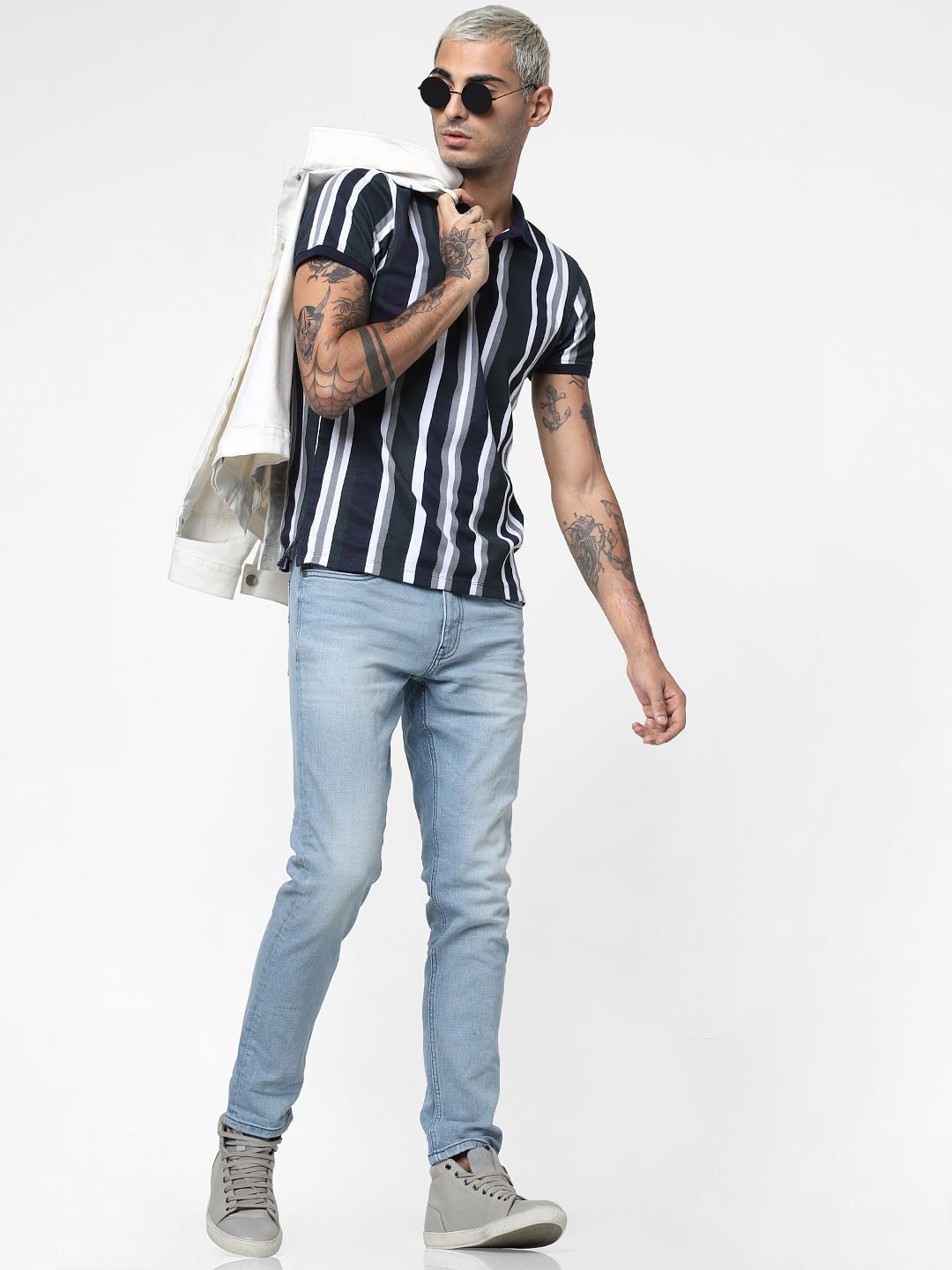 Navy Blue Striped Polo Neck T-shirt - S