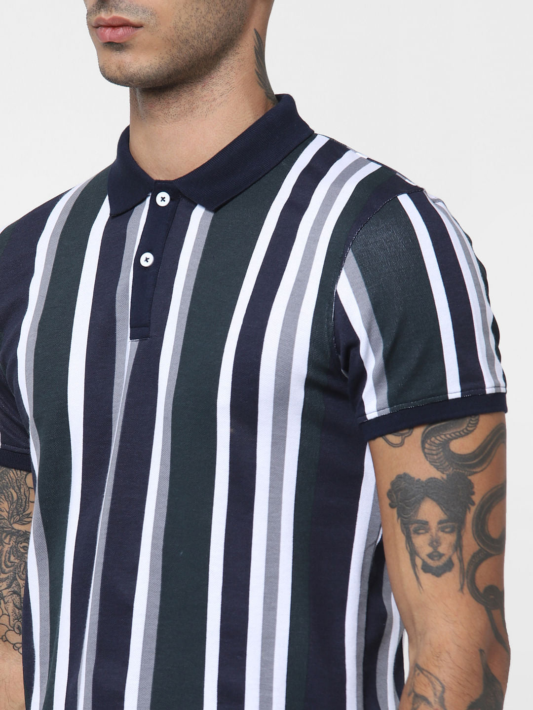 Navy Blue Striped Polo Neck T-shirt