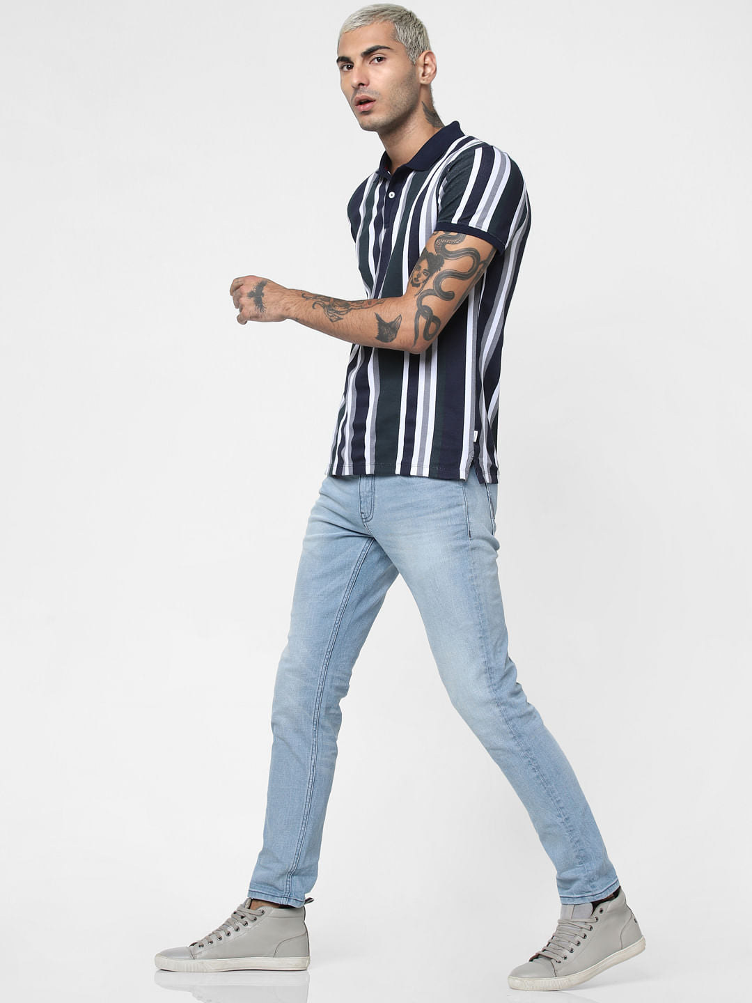Navy Blue Striped Polo Neck T-shirt