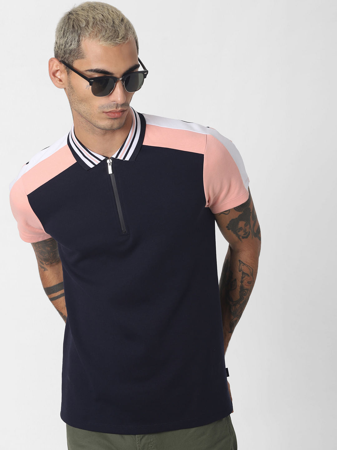 Navy Blue Colourblocked Polo Neck T-shirt - S