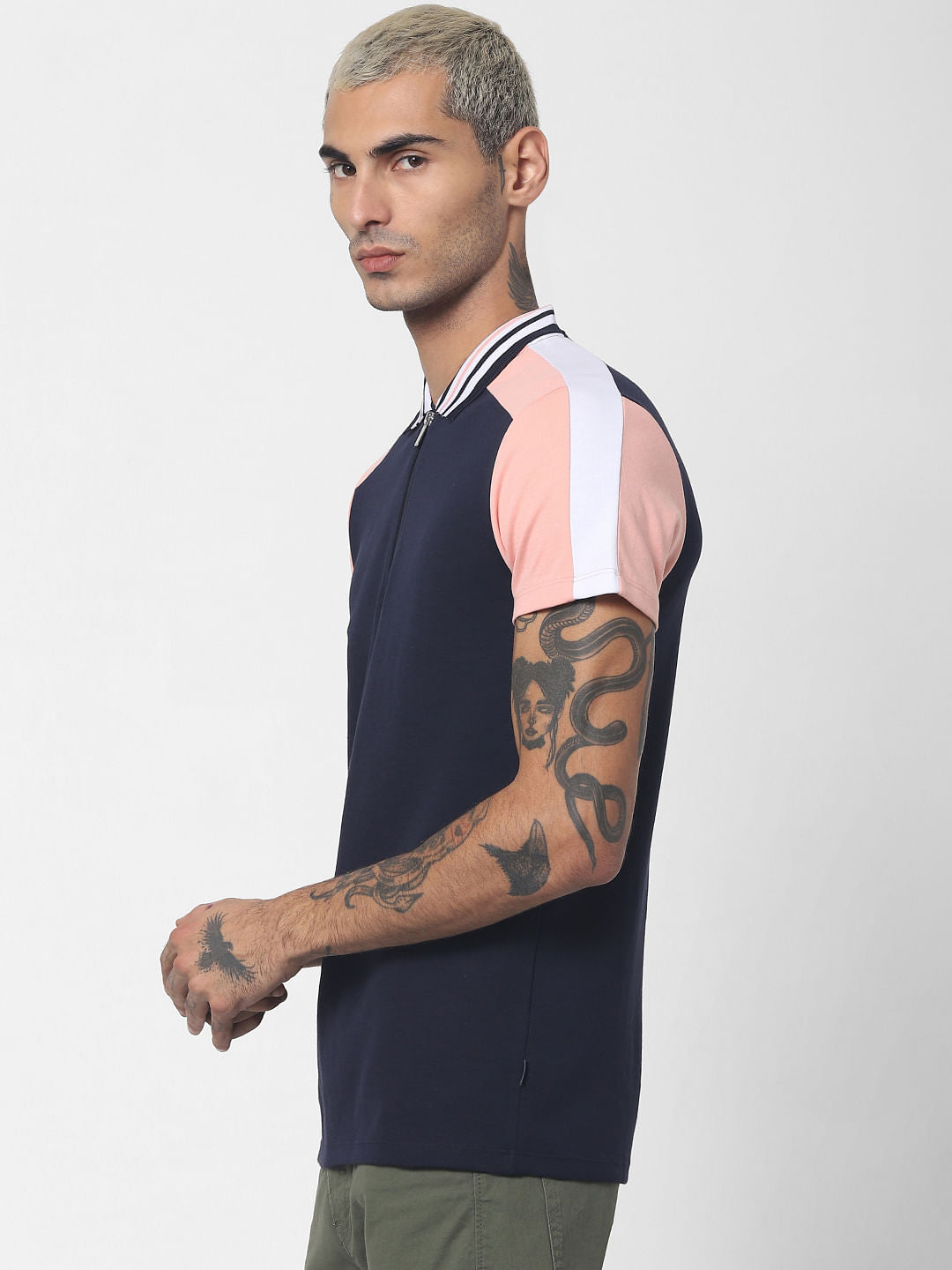 Navy Blue Colourblocked Polo Neck T-shirt