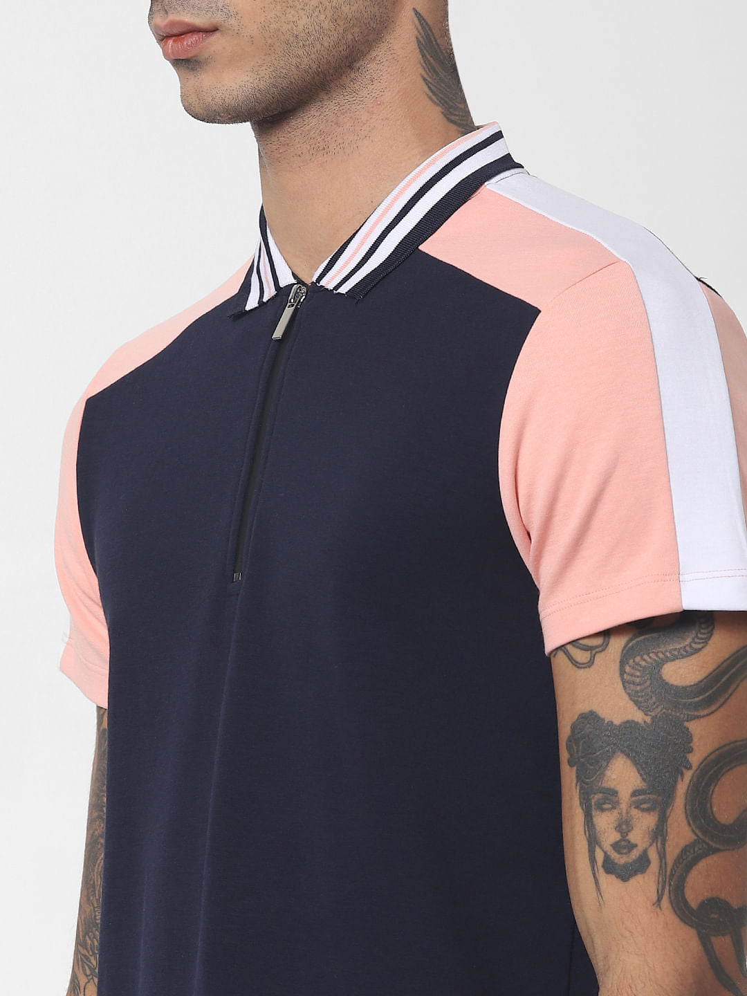 Navy Blue Colourblocked Polo Neck T-shirt