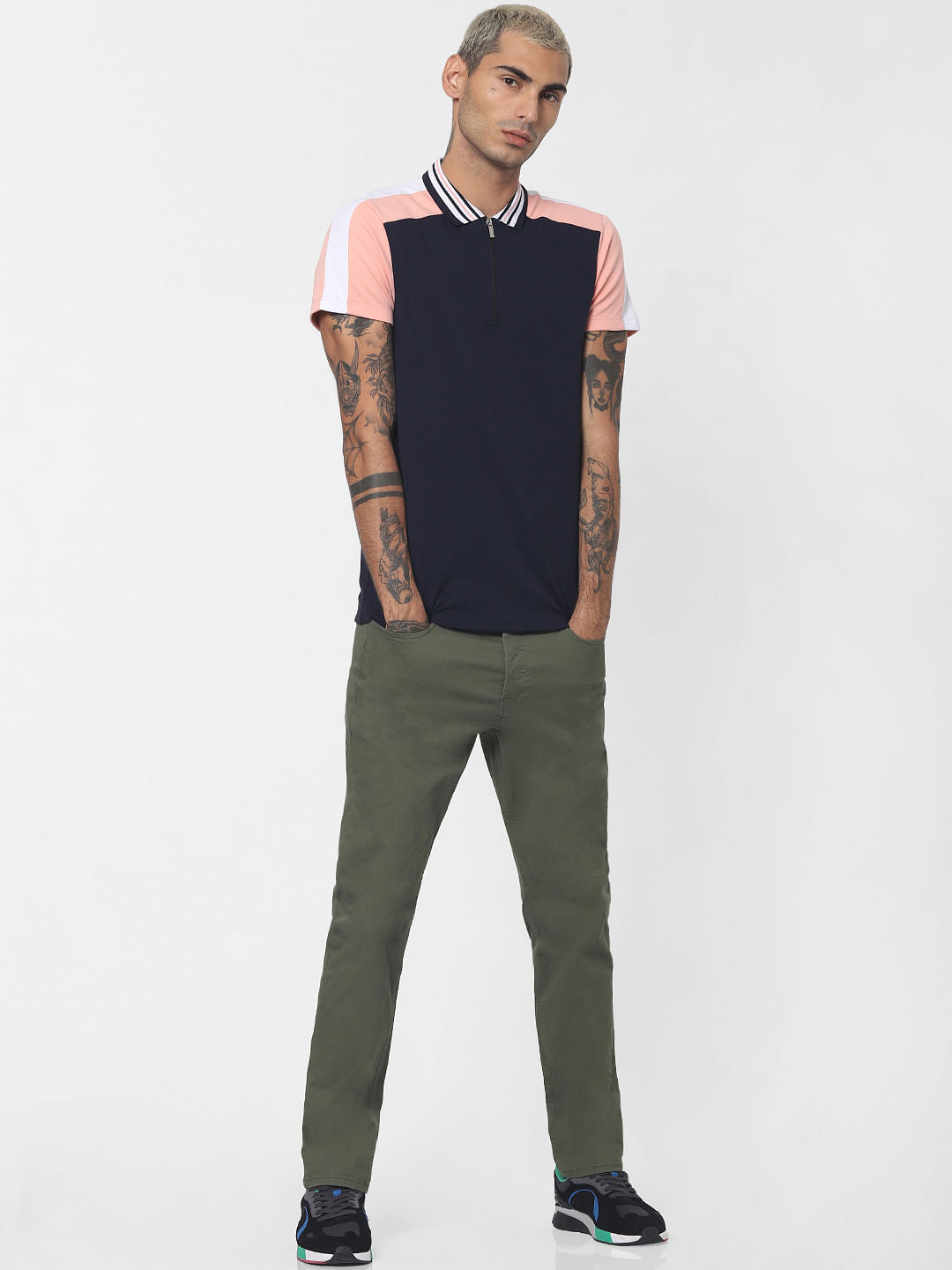 Navy Blue Colourblocked Polo Neck T-shirt