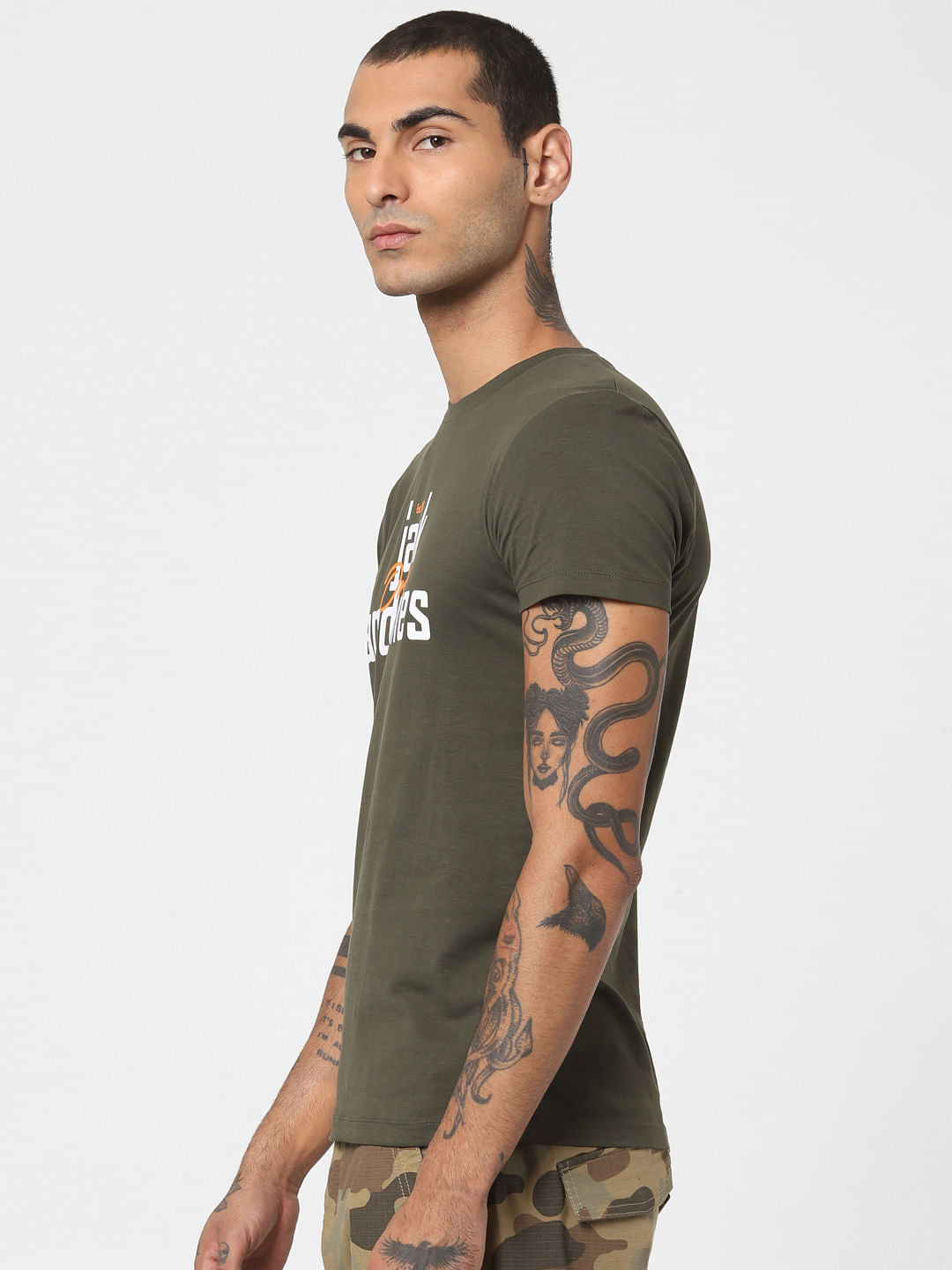 Dark Green Logo Print Crew Neck T-shirt