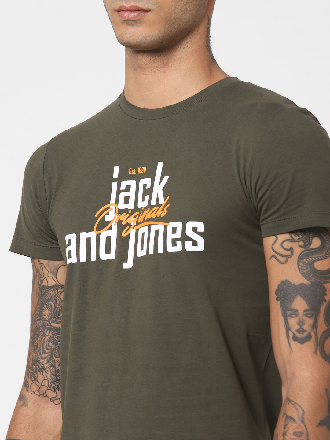 Dark Green Logo Print Crew Neck T-shirt