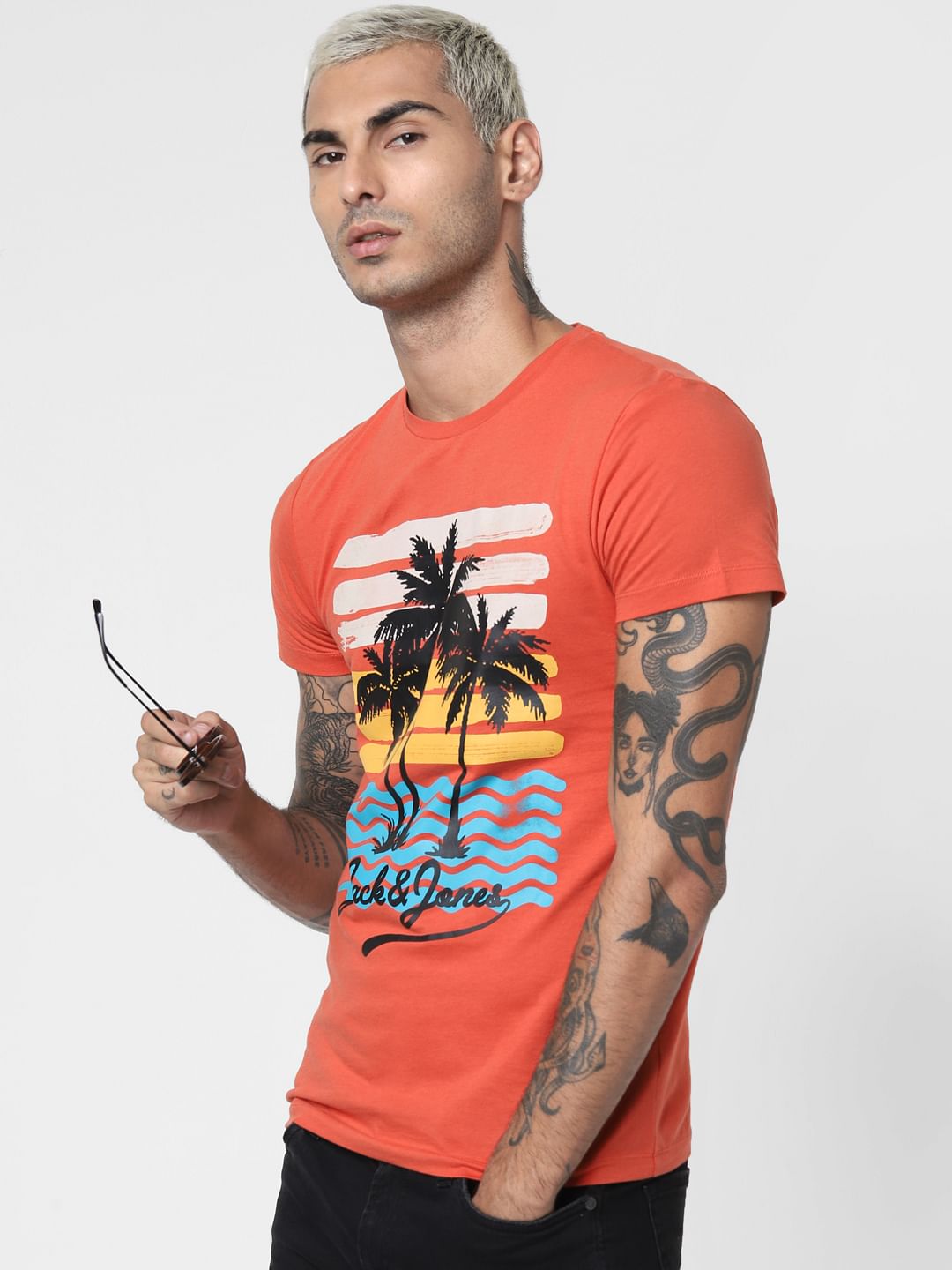 Orange Graphic Print Crew Neck T-shirt - S