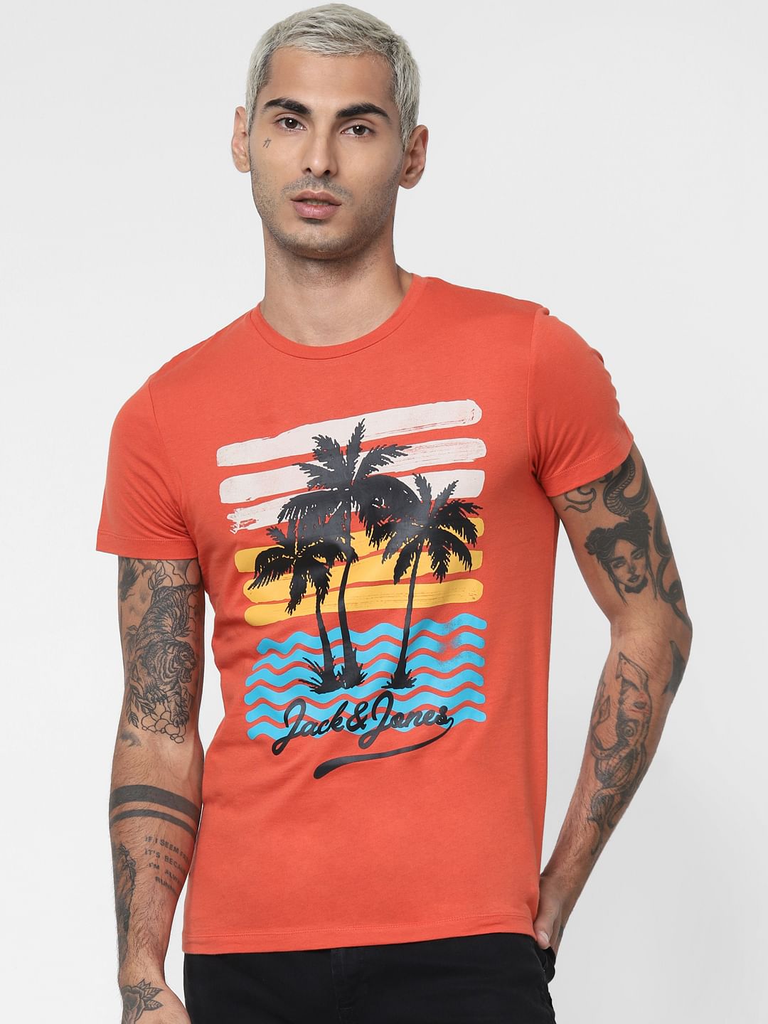 Orange Graphic Print Crew Neck T-shirt