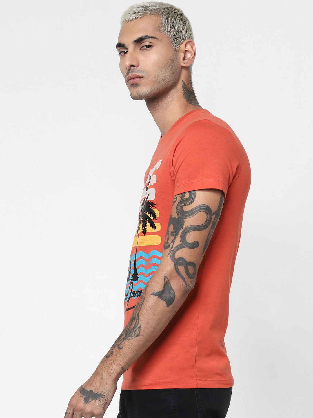 Orange Graphic Print Crew Neck T-shirt