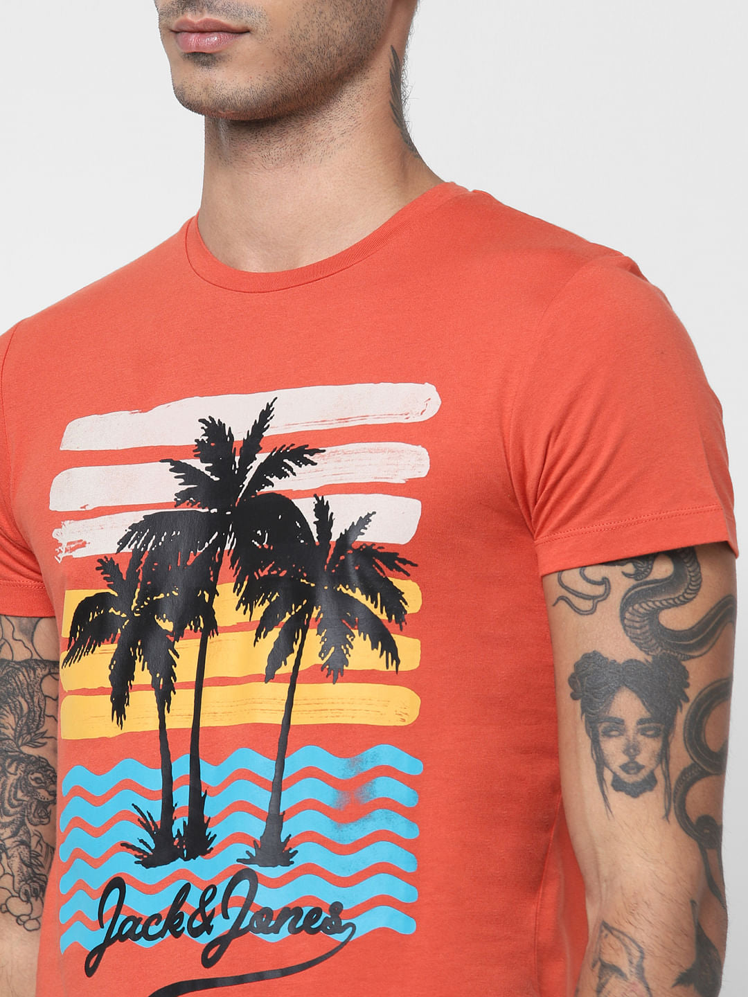 Orange Graphic Print Crew Neck T-shirt