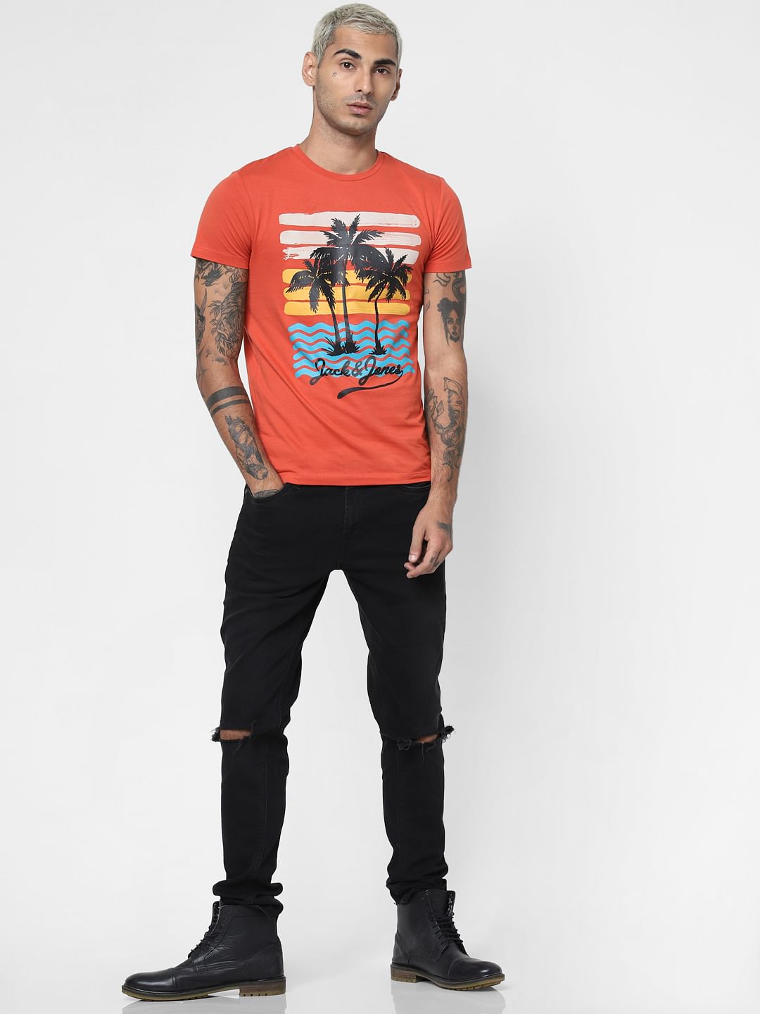 Orange Graphic Print Crew Neck T-shirt