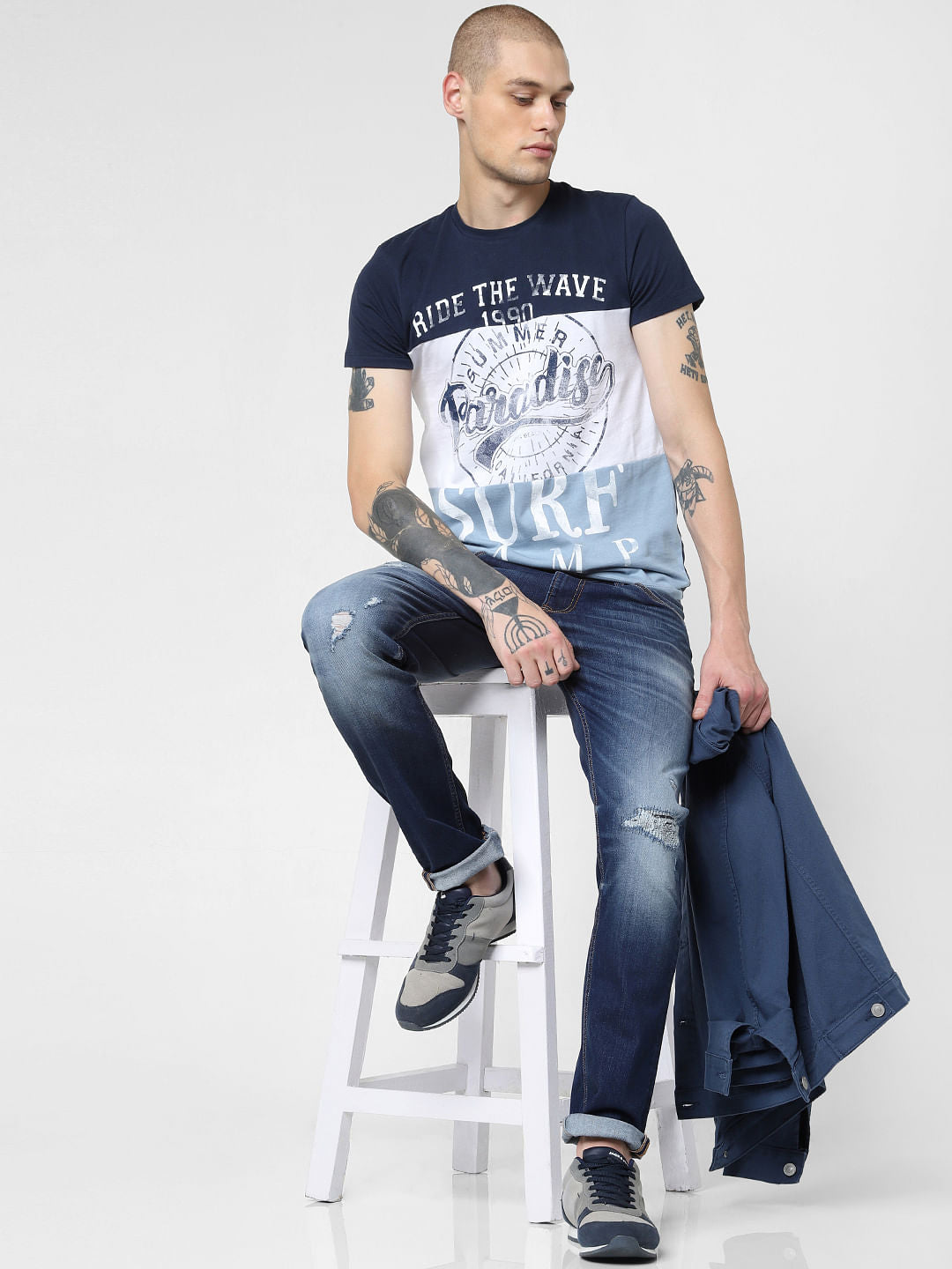 Navy Blue Colourblocked Crew Neck T-shirt - S