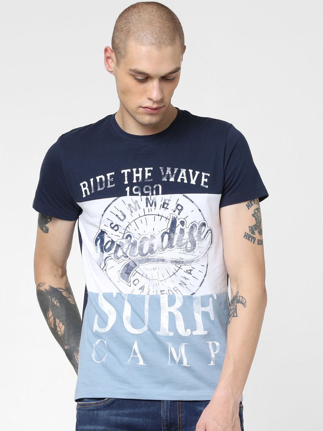 Navy Blue Colourblocked Crew Neck T-shirt